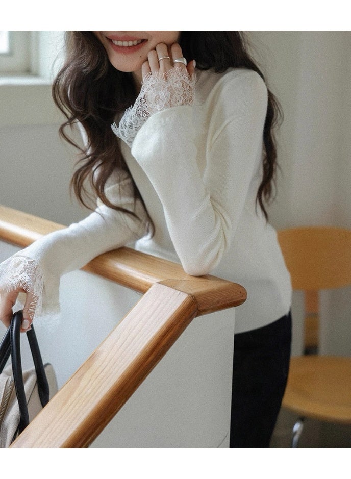 سيلسي بلوزة نسائية أنيقة من سيلسي، مزينة بالدانتيل، بأكمام طويلة، مصنوعة من نسيج محبوك ناعم، بقصة ضيقة، مناسبة للارتداء اليومي، لون أبيض. - Image 3